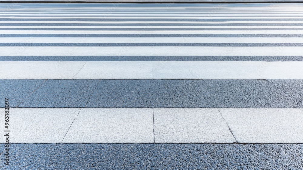 Fototapeta premium A modern urban landscape features horizontal white lines of a crosswalk on an empty asphalt road in China, showcasing a serene city square without traffic