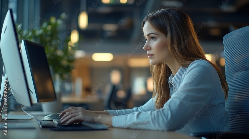 Businesswoman using computer to do daily tasks at modern office : Generative AI Businesswoman using computer to do daily tasks at modern office : Generative AI