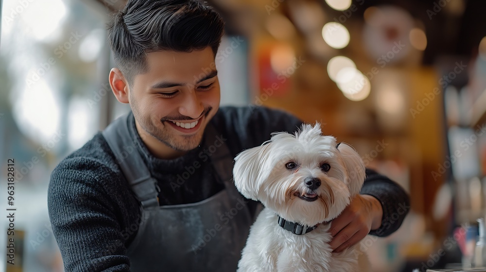 Handsome hispanic worker smiling while giving a haircut to a white maltese dog while at the pet spa : Generative AI Handsome hispanic worker smiling while giving a haircut to a white maltese dog while at the pet spa : Generative AI