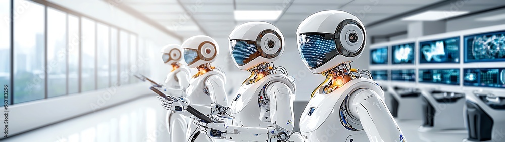 Futuristic robots in a high-tech environment showcasing advanced technology and innovation in automation and design. Futuristic robots in a high-tech environment showcasing advanced technology and innovation in automation and design.