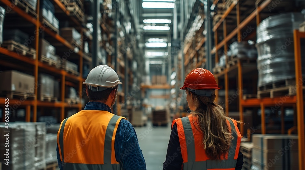 Rear view on Manager and staff talking discussing while walking in warehouse caucasian people in factory with safety helmet vest Concept for industry job meeting work training and team : Generative AI Rear view on Manager and staff talking discussing while walking in warehouse caucasian people in factory with safety helmet vest Concept for industry job meeting work training and team : Generative AI