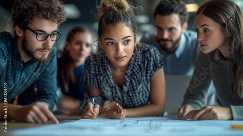 A multicultural group of engineers pointing at plans and blueprints at meeting room on a briefing : Generative AI