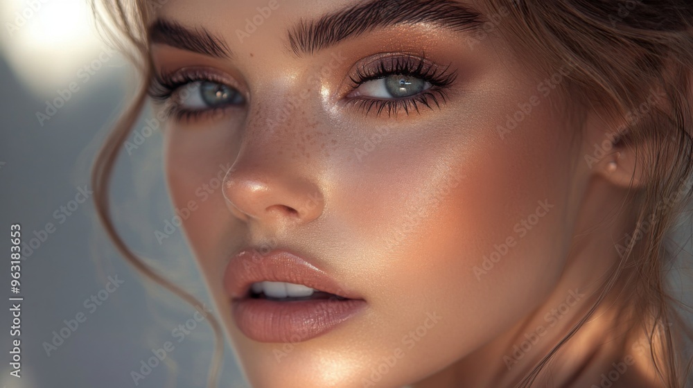 Detailed view of a woman with elegant makeup, including contouring and highlighting, with soft, natural light enhancing her beauty and makeup artistry. Detailed view of a woman with elegant makeup, including contouring and highlighting, with soft, natural light enhancing her beauty and makeup artistry.