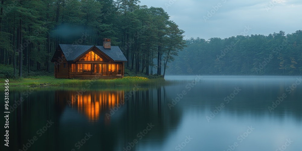 Fototapeta premium Illuminated Cabin on a Misty Lake with Surrounding Forest
