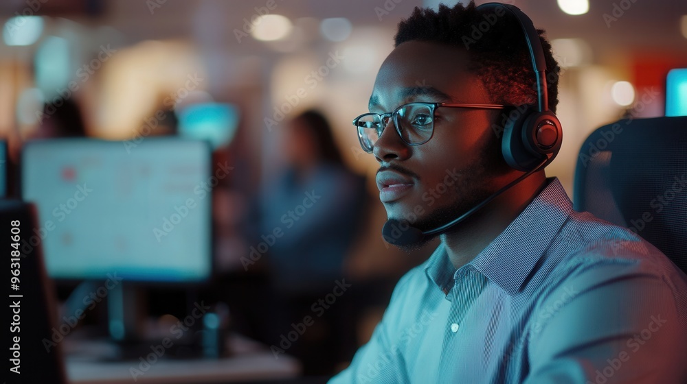 Fototapeta premium Black professional working in a call center, handling calls with focus and dedication, sleek and contemporary office setup with multiple devices