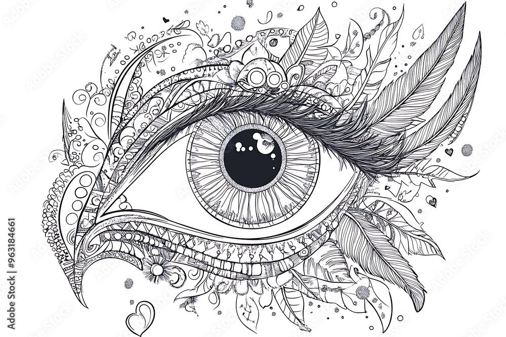 Fototapeta premium Antistress colouring page. Magic eye with feathers instead of eyelashes. Mandala style. Isolated on white. For child coloring book, tattoo design