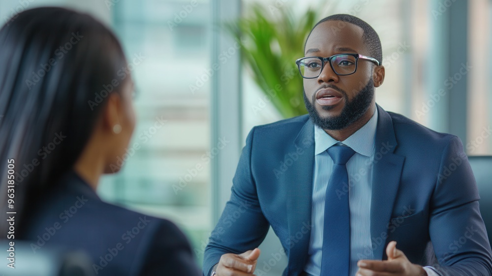 Black personal banker in a sleek modern office setting, discussing financial plans with a client, professional attire and confident demeanor Black personal banker in a sleek modern office setting, discussing financial plans with a client, professional attire and confident demeanor