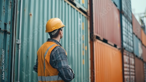 Foreman or worker work at Container cargo site check up goods in container Foreman or worker checking on shipping containers Logistics and shipping : Generative AI