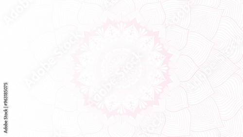 Round mandala on dreamy peach fuzz gradient background. Translucent mesh pattern in the form of a mandala. Mandala with floral patterns. Pastel Yoga template. Gradient background with round mandala