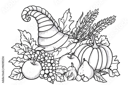 Obraz na płótnie Thanksgiving autumn cornucopia festival emblem. Monochrome vintage engraving fresh organic vegetables, wheat and fruits sign isolated on white background. Sketch hand drawn illustration w salonie