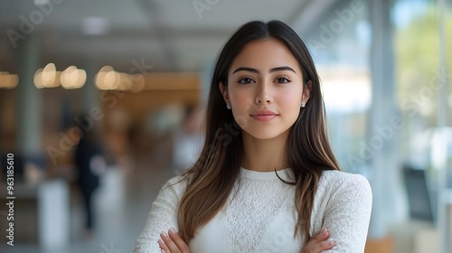 Confident professional young latin business woman company employee lady executive manager female worker or entrepreneur looking at camera standing arms crossed in modern office portrai : Generative AI photo