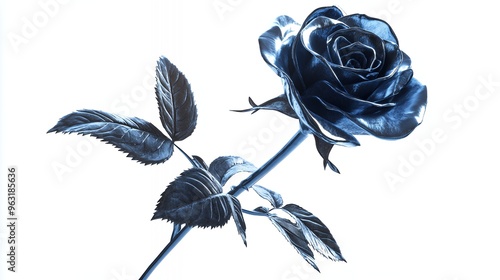 A single blue rose with its stem and leaves on a white background.