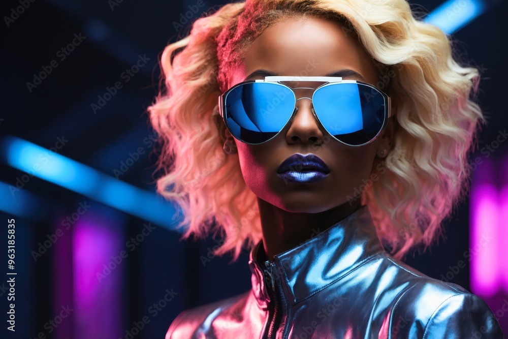 Futuristic fashion portrait photo of a beauty confident smart blonde hair woman with neon lights. Futuristic fashion portrait photo of a beauty confident smart blonde hair woman with neon lights.