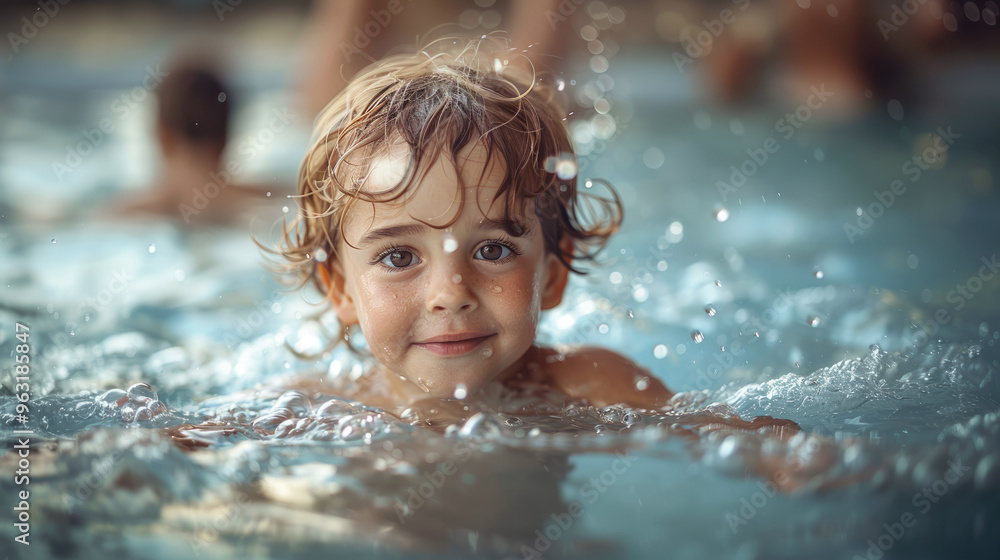 Happy child splashes and plays in a swimming pool. Splash pad smile and laughter. Summer fun. Happy child splashes and plays in a swimming pool. Splash pad smile and laughter. Summer fun.