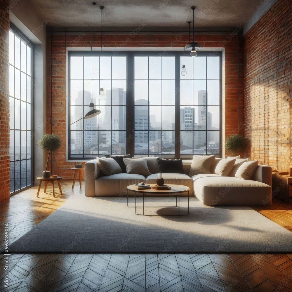 Home design. A loft-style room with a corner sofa and large panoramic windows. 3D rendering. Home design. A loft-style room with a corner sofa and large panoramic windows. 3D rendering.