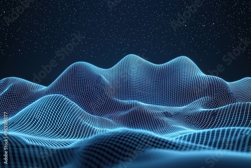 Futuristic digital landscape with glowing wireframe mountains