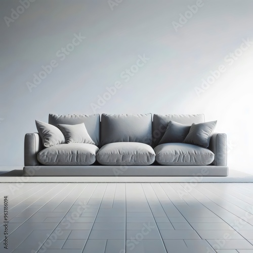 A light gray sofa in the interior of the room. 3D visualization.
