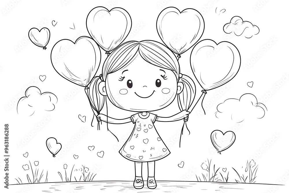 Cartoon little girl flying with balloons. Outline kids birthday illustration Cartoon little girl flying with balloons. Outline kids birthday illustration