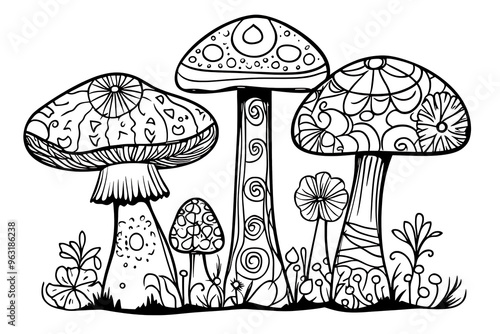 Illustration mushrooms in front of white background, panorama