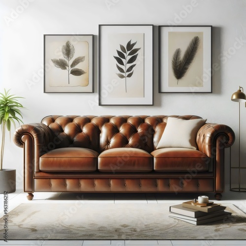 Modern living room with brown leather sofa, paintings on the wall and carpet. 3D rendering.