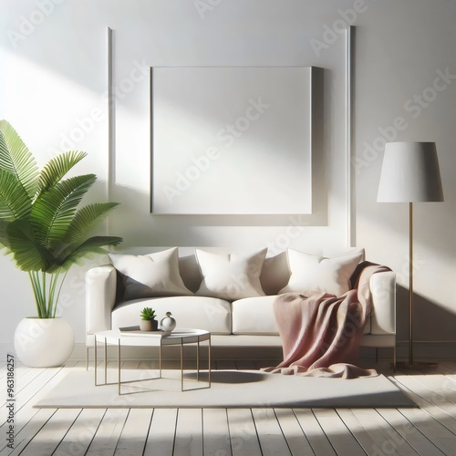 modern living room with a sofa on a  and frame on the white wall. 3D rendering.		