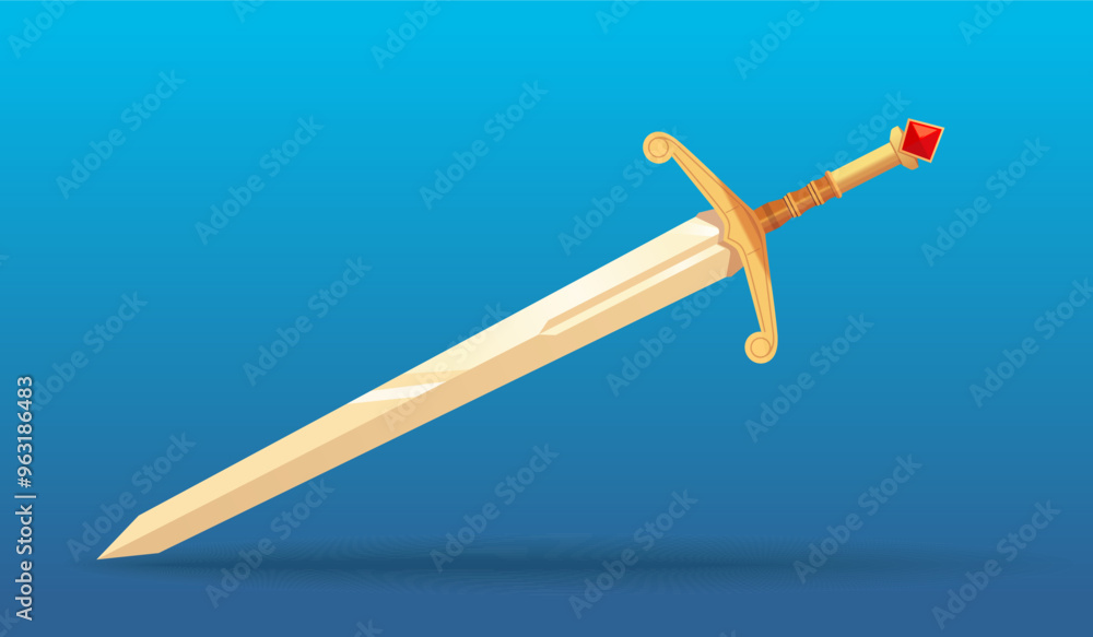 Large knightly sword with richly decorated gold hilt adorned with ruby. Vector illustration Large knightly sword with richly decorated gold hilt adorned with ruby. Vector illustration