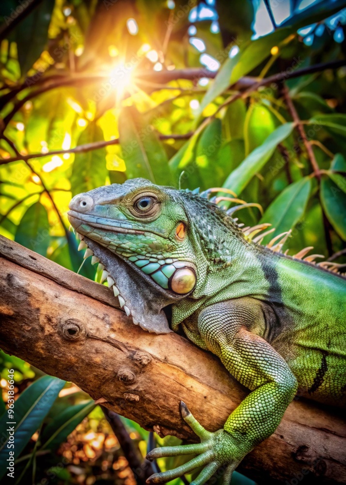 Green Iguana on Tree Branch in Sunlight, Reptile Wildlife Photography Green Iguana on Tree Branch in Sunlight, Reptile Wildlife Photography