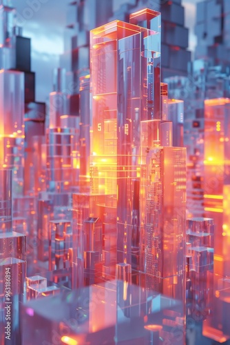 Futuristic Cityscape Depicting a Vibrant Setting Filled with Glass Structures and Neon Lights