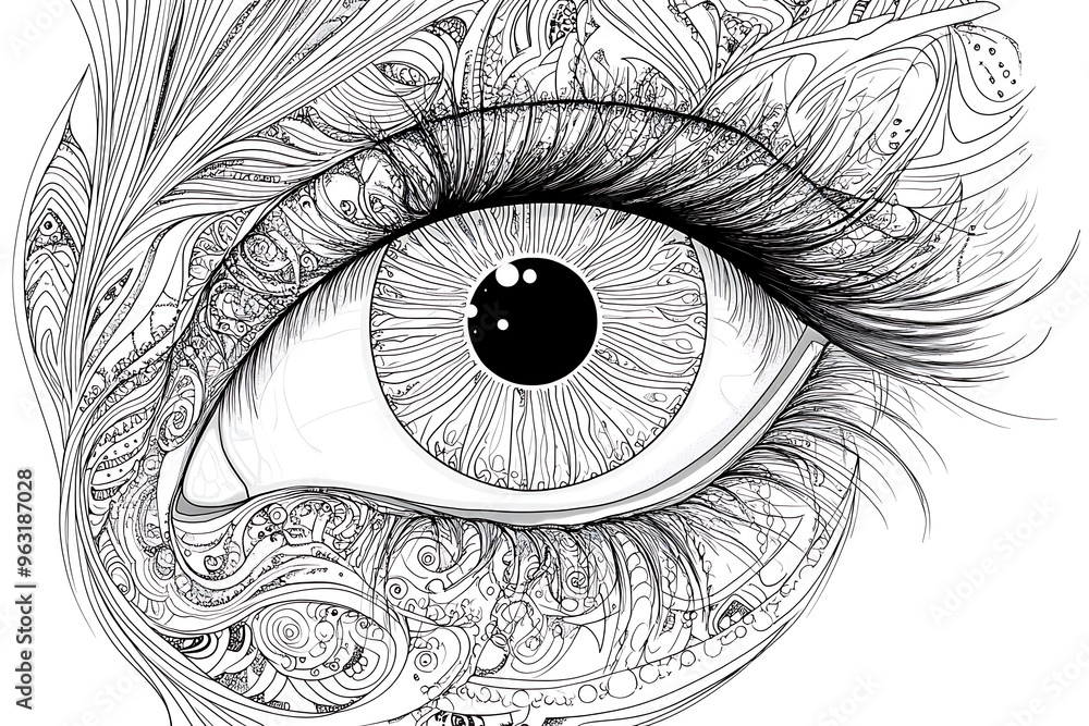 Obraz premium Antistress colouring page. Magic eye with feathers instead of eyelashes. Mandala style. Isolated on white. For child coloring book, tattoo design
