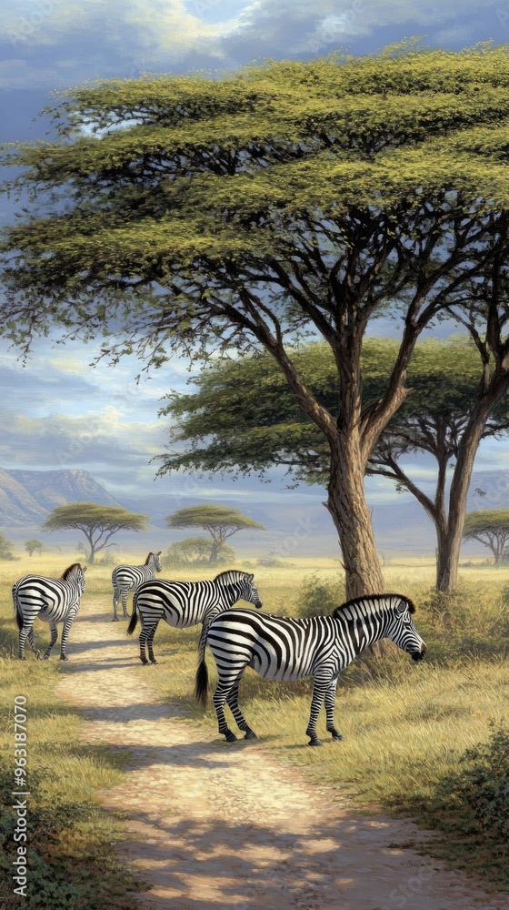 Fototapeta premium A family of zebras relaxes in the vibrant green savannah, flanked by trees and grass on either side of a deserted dirt road under a serene blue sky