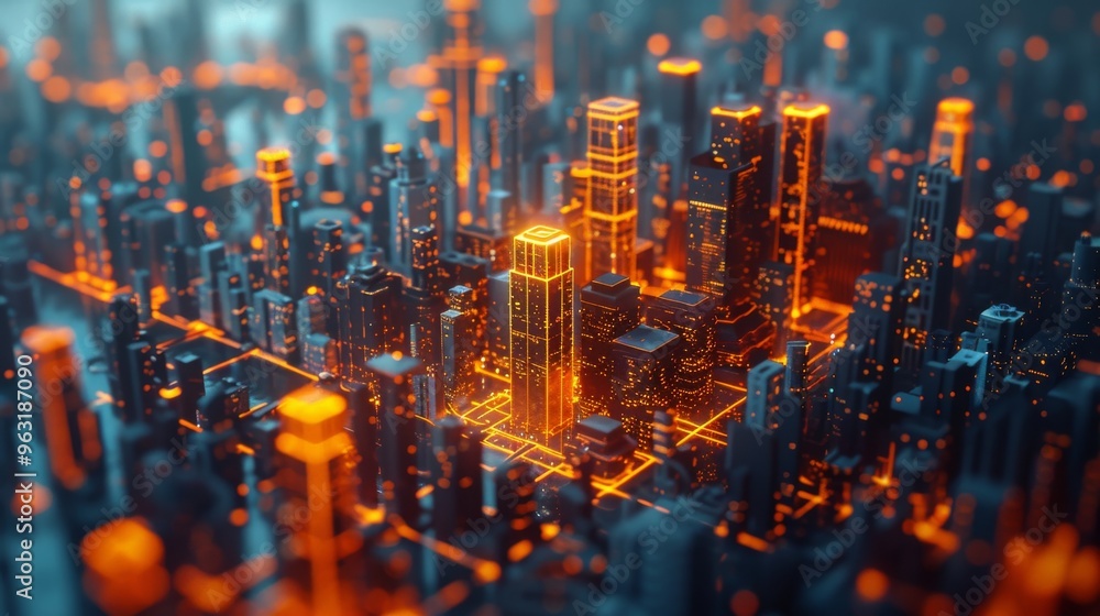 Obraz premium Futuristic Urban Cityscape with illuminated skyscrapers and advanced technology designs