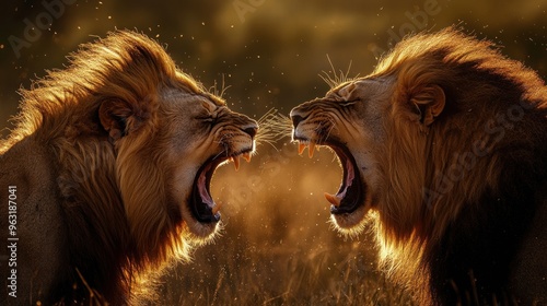 Two Lions Roaring at Each Other in a Dramatic Face-Off