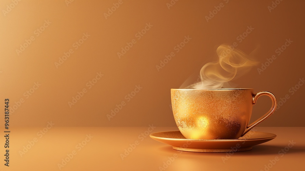 Obraz premium Gold cup with steaming fresh coffee on a golden background with copy space