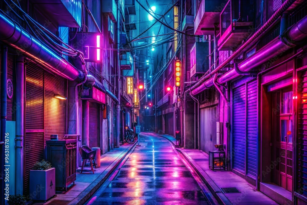 Fototapeta premium Vibrant neon alleyway at night showing urban cityscape with reflections and colors