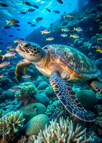 Sea Turtle Surrounded by Tropical Fish in Coral Reef, Marine Photography