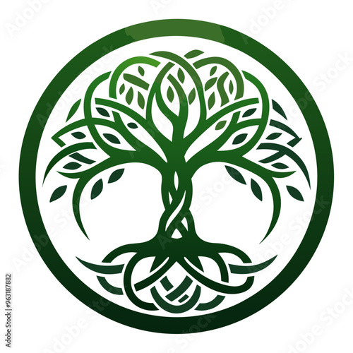 Green Celtic Tree of Life Emblem Icon on White Background