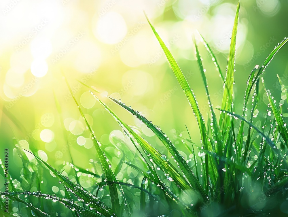 Fototapeta premium Dew Drops on Green Grass Blades in Sunlight.