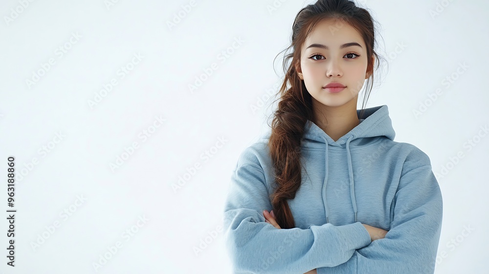 Full length portrait of young beautiful Asian woman in hoodie sweatshirt and blue jeans isolated over white background : Generative AI Full length portrait of young beautiful Asian woman in hoodie sweatshirt and blue jeans isolated over white background : Generative AI