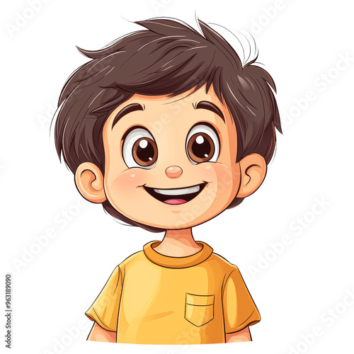 A happy cartoon boy with a big smile and brown hair wearing a yellow shirt isolated on transparency PNG background, perfect for children's books, educational materials, or website graphics,