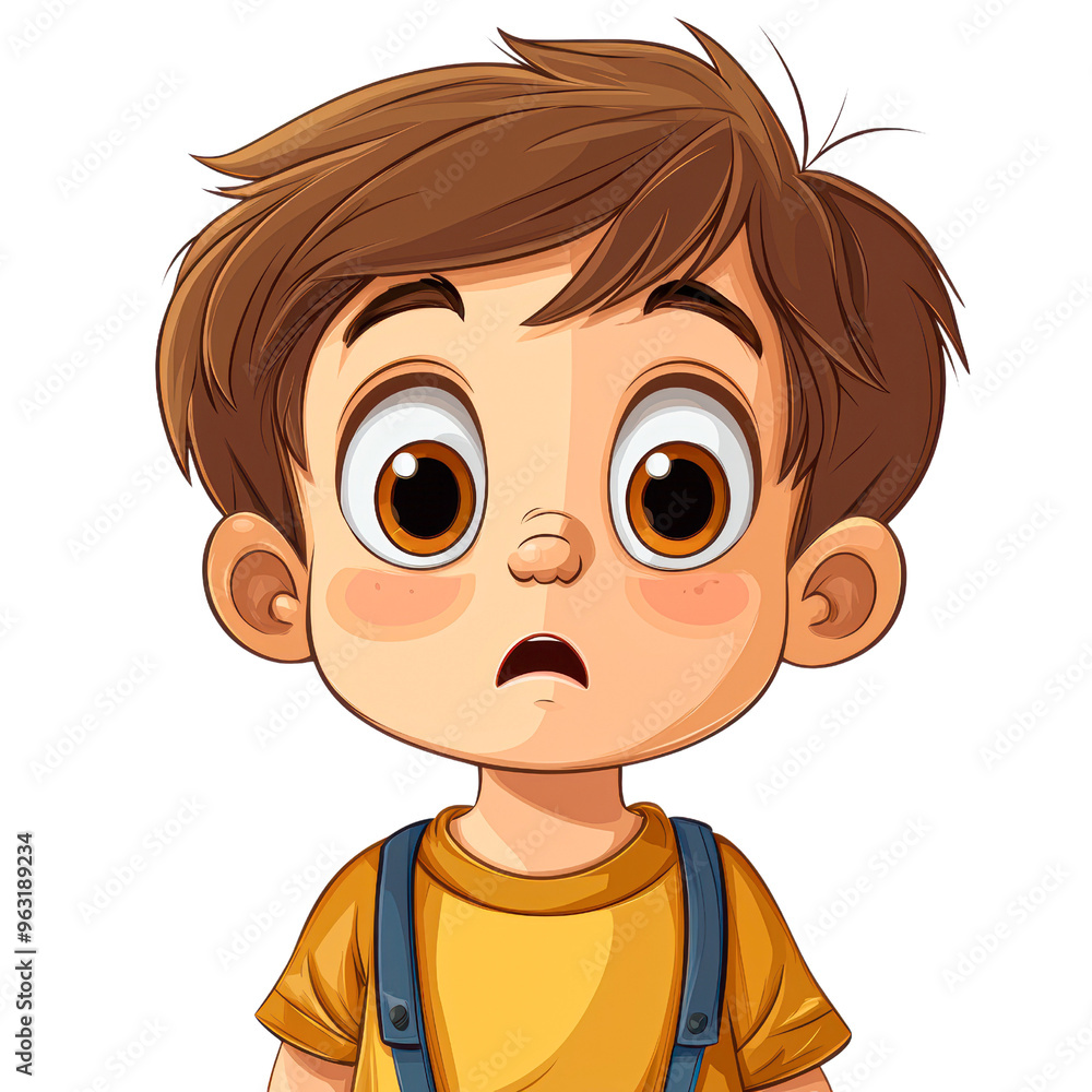 A cartoon boy with wide eyes and a surprised expression wearing a yellow shirt and blue overalls isolated on transparency PNG background, suitable for children's stories, educational content A cartoon boy with wide eyes and a surprised expression wearing a yellow shirt and blue overalls isolated on transparency PNG background, suitable for children's stories, educational content