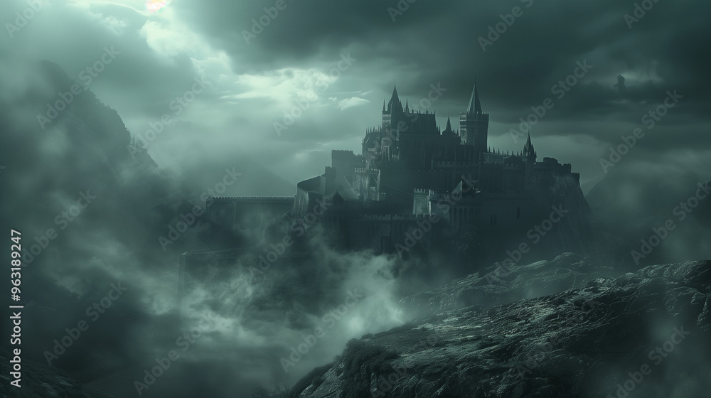 Fototapeta premium A dark castle viewed from a distant vantage point, with dark clouds and swirling mist enveloping the castle, and a sense of foreboding as if the castle is hiding dark secrets