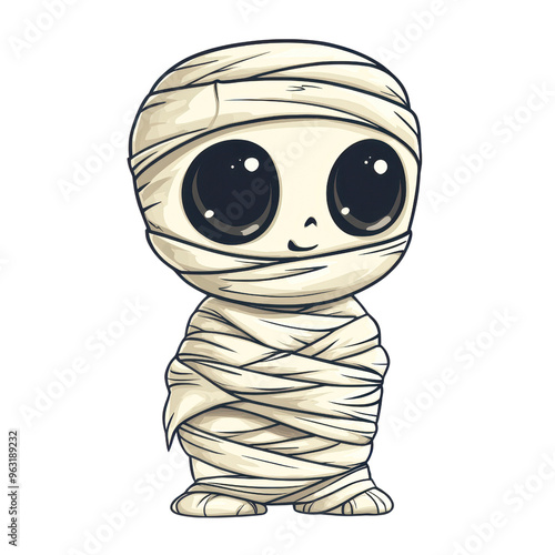 Cute cartoon mummy character with large isolated on transparency PNG background, expressive eyes wrapped in bandages; perfect for Halloween, kids' crafts, party invitations, or spooky themed designs,