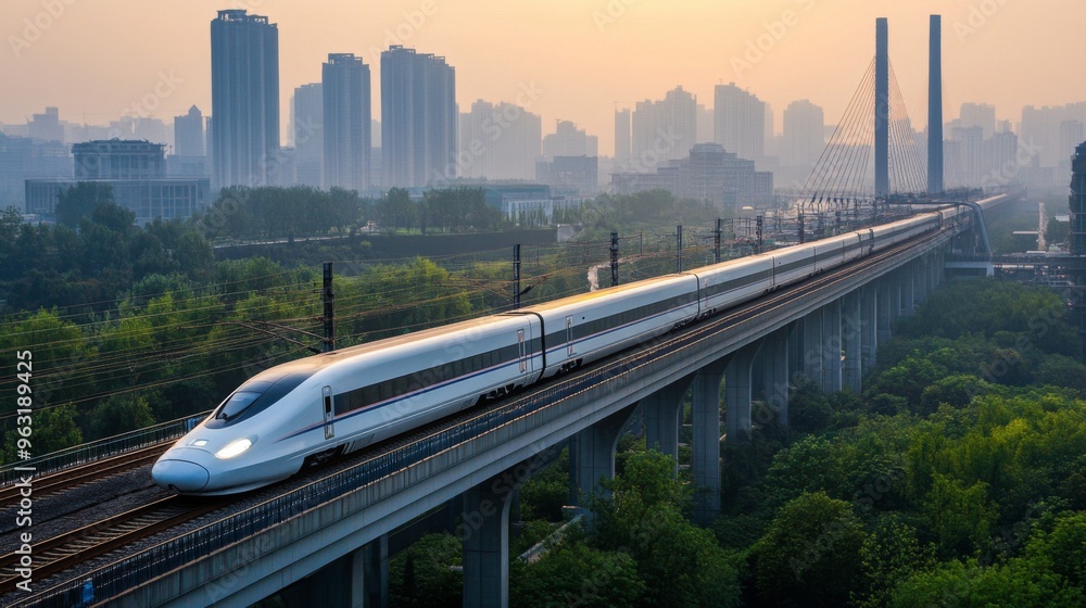 Naklejka premium High-definition shot of a high-speed train on elevated tracks, emphasizing its sleek profile and the impressive infrastructure supporting its rapid transit.