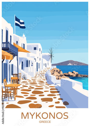Obraz na płótnie Mykonos Greece Poster Illustration Travel Print Decor Gift Paper Canvas Wall Retro Art w salonie