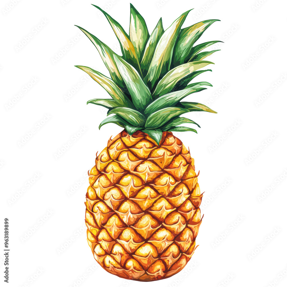 Fototapeta premium Illustration of a pineapple with vibrant colors and detailed textures perfect for use in food blogs isolated on transparency PNG background, tropical-themed designs, advertisements