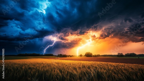 High-definition shot of a lightning storm over a rural landscape, with dark clouds and bright lightning illuminating the field and stormy atmosphere.