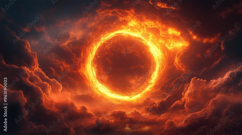 Fototapeta premium Fiery clouds swirling around a vivid, glowing round portal, A fiery circle shines in the dark y sky