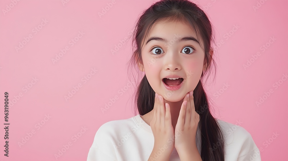 Young Asian teenage girl surprised excited isolated on pink background : Generative AI Young Asian teenage girl surprised excited isolated on pink background : Generative AI