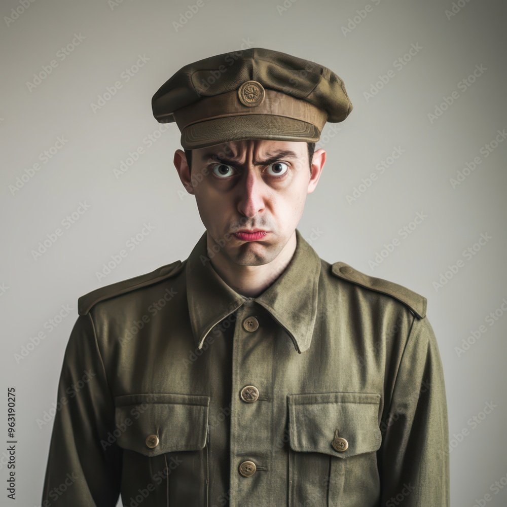 Soldier in World War I uniform posing dramatically against simple backdrop Soldier in World War I uniform posing dramatically against simple backdrop