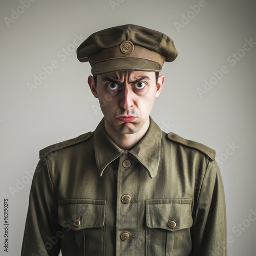 Soldier in World War I uniform posing dramatically against simple backdrop